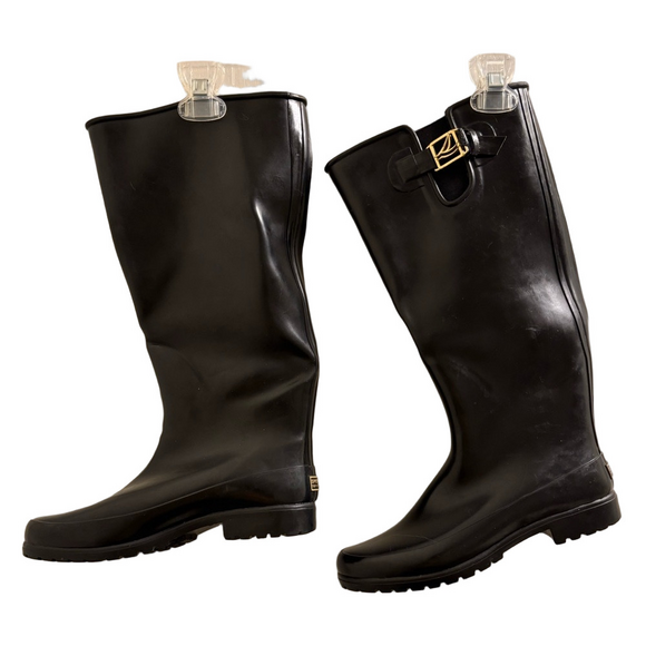 Sperry Black Rubber Rain Boots with Gold Accents and lining 9 - Picture 1 of 7